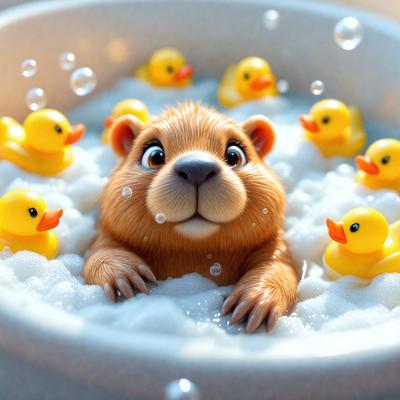 The primary subject of the image is a brown bear sitting in a bowl filled with bubbles, surrounded by several rubber ducks. The bear appears to be enjoying the bubbles and the company of the ducks. The setting is a bathroom, with the bear and ducks placed in a bowl on a countertop. The visual style is a combination of photo and digital art, creating a whimsical and playful scene. The colors are predominantly white and brown, with the bubbles adding a